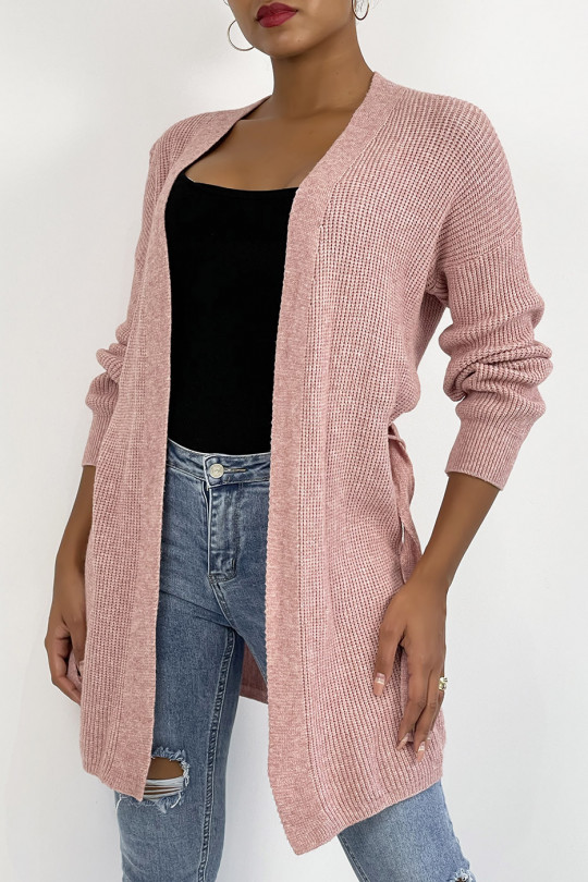 Pink fluid mesh cardigan to tie at the waist - 1