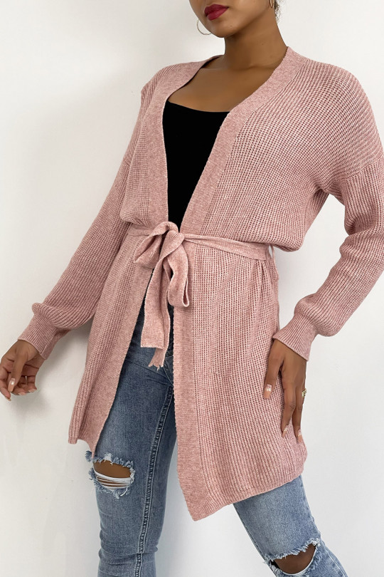 Pink fluid mesh cardigan to tie at the waist - 3