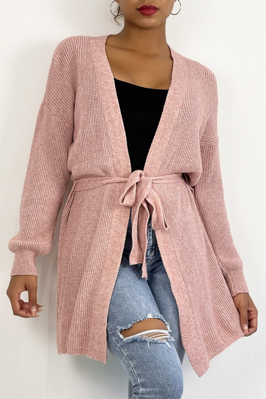 Pink fluid mesh cardigan to tie at the waist - 4