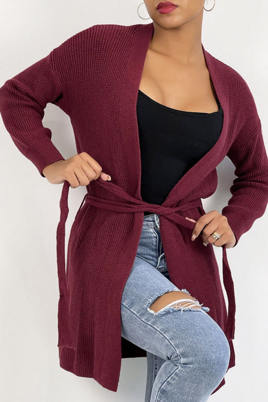 Fluid burgundy knit cardigan to tie at the waist - 1