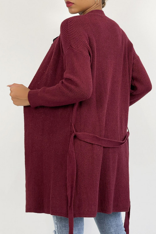 Fluid burgundy knit cardigan to tie at the waist - 2