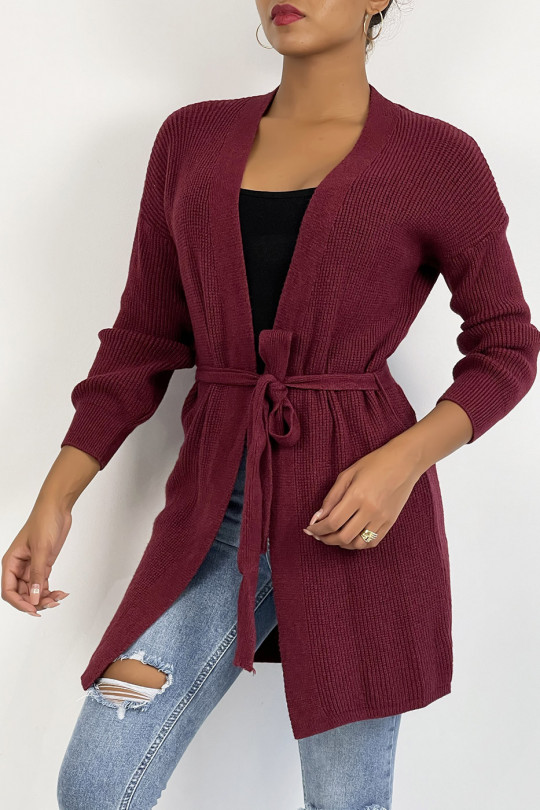 Fluid burgundy knit cardigan to tie at the waist - 3