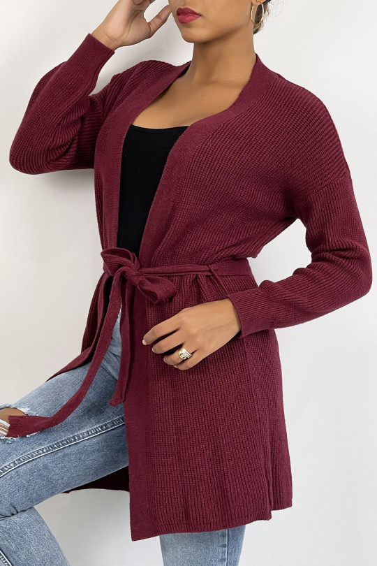 Fluid burgundy knit cardigan to tie at the waist - 4