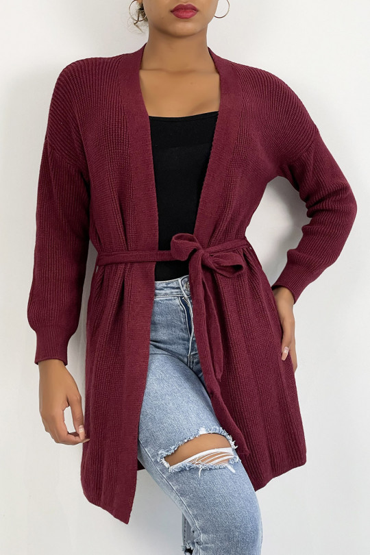Fluid burgundy knit cardigan to tie at the waist - 5