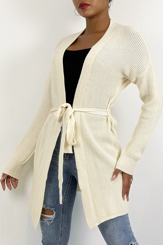 Fluid beige knit waistcoat to tie at the waist - 3