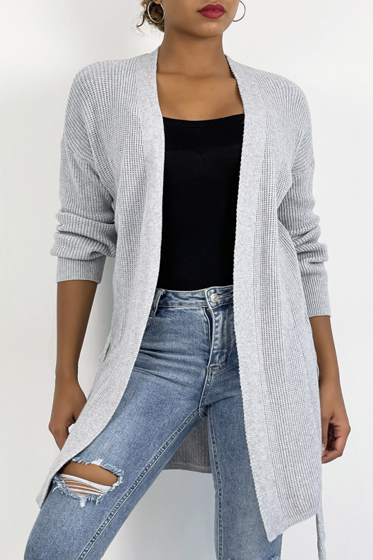 Gray fluid mesh cardigan to tie at the waist - 1