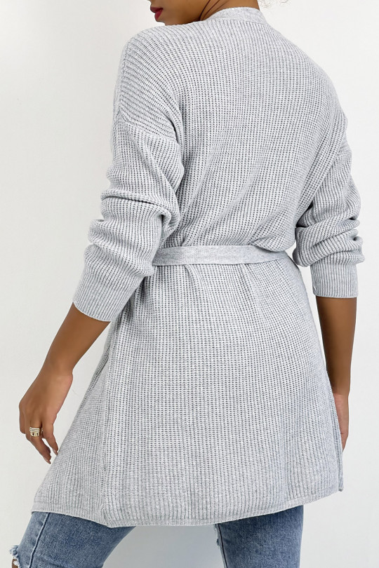 Gray fluid mesh cardigan to tie at the waist - 2