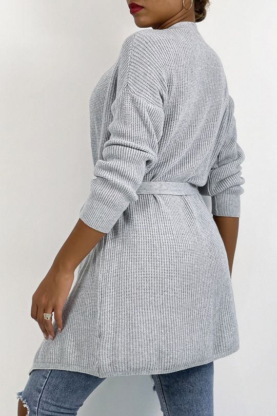Gray fluid mesh cardigan to tie at the waist - 3