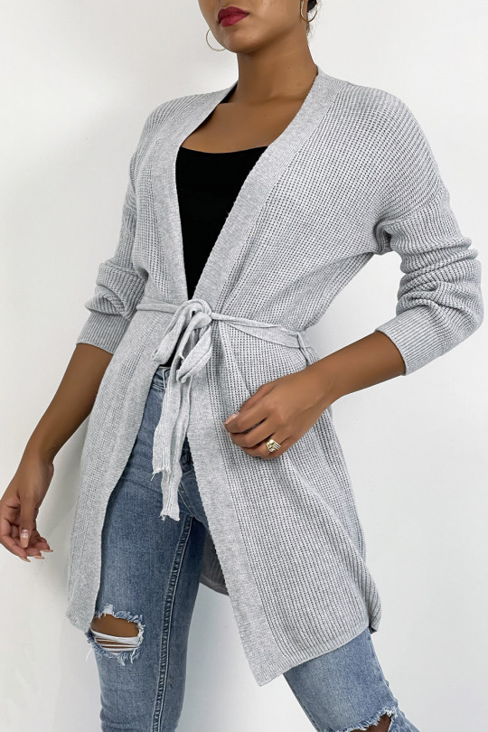Gray fluid mesh cardigan to tie at the waist - 4