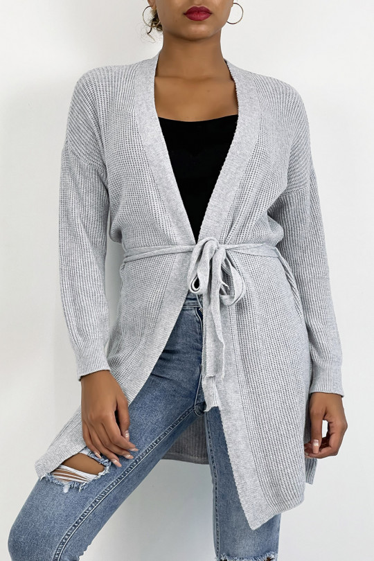 Gray fluid mesh cardigan to tie at the waist - 5