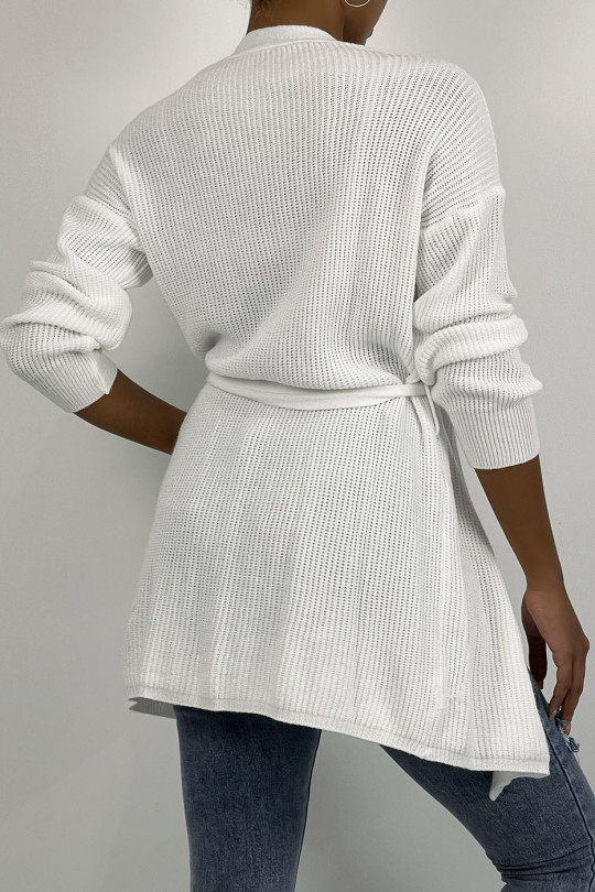 White fluid mesh cardigan to tie at the waist - 1