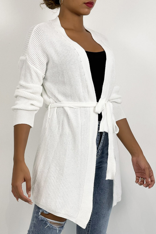 White fluid mesh cardigan to tie at the waist - 2