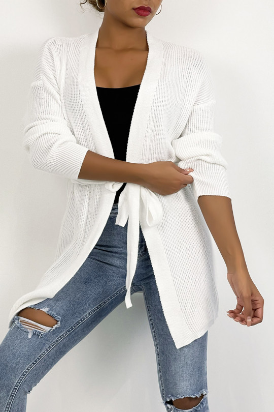 White fluid mesh cardigan to tie at the waist - 3