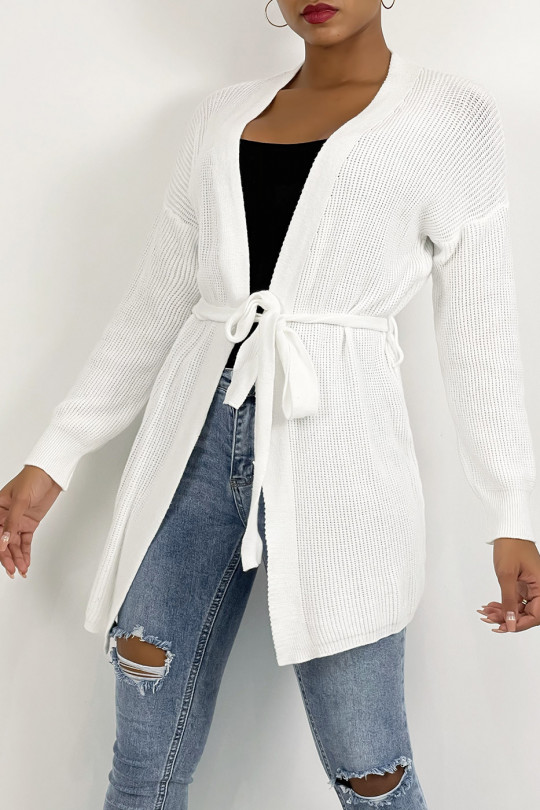 White fluid mesh cardigan to tie at the waist - 4