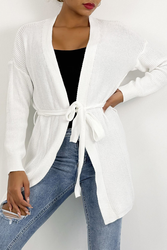 White fluid mesh cardigan to tie at the waist - 5