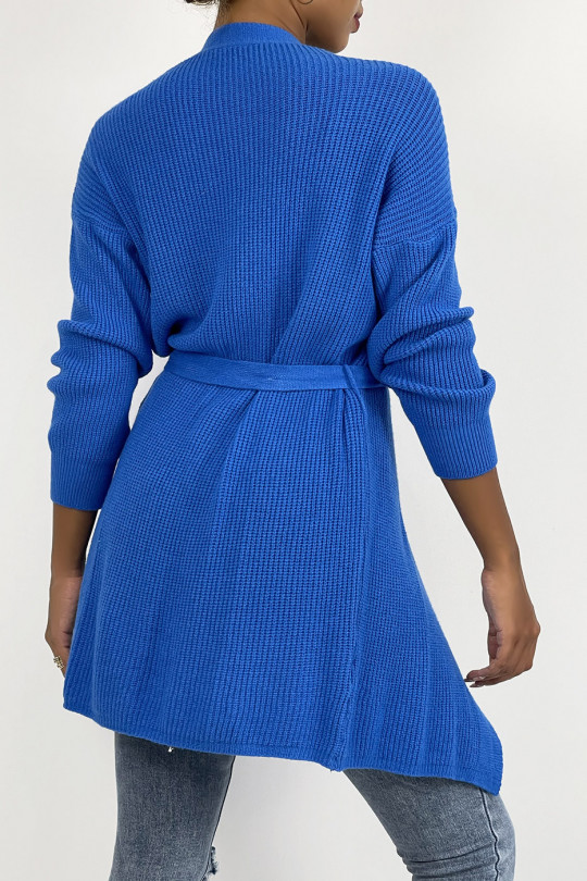 Fluid blue mesh cardigan to tie at the waist - 1