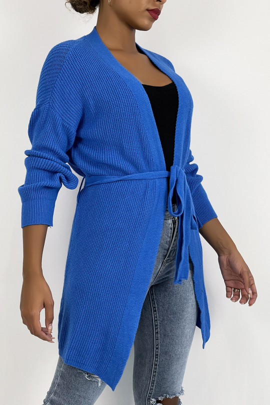 Fluid blue mesh cardigan to tie at the waist - 2