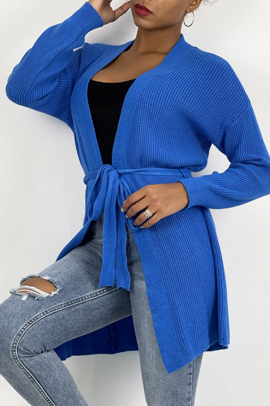 Fluid blue mesh cardigan to tie at the waist - 4
