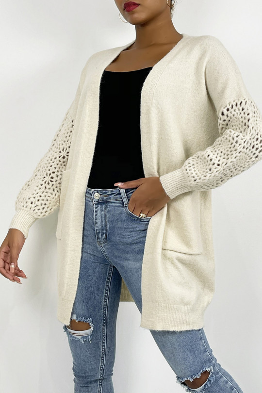 Soft beige mid-length cardigan with openwork puff sleeves - 1