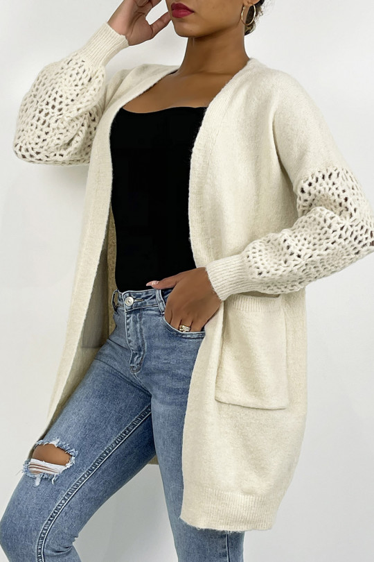 Soft beige mid-length cardigan with openwork puff sleeves - 2