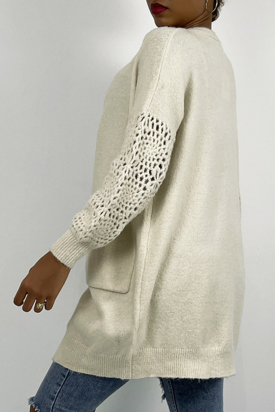 Soft beige mid-length cardigan with openwork puff sleeves - 3