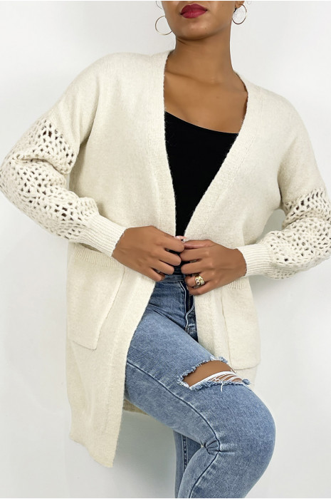 Soft taupe mid-length cardigan with openwork puff sleeves - 1