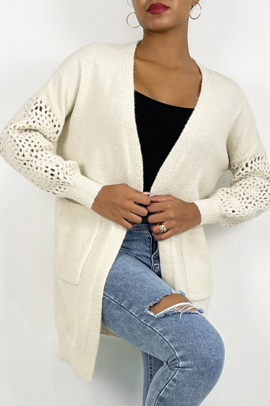 Soft taupe mid-length cardigan with openwork puff sleeves - 1