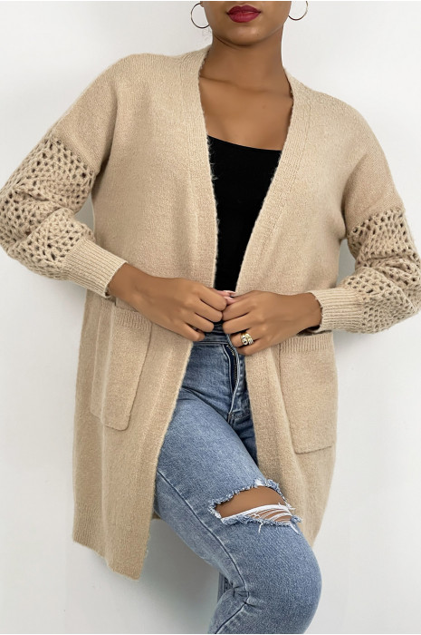 Soft taupe mid-length cardigan with openwork puff sleeves - 2
