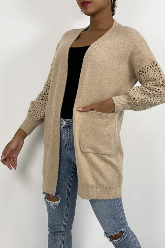 Soft taupe mid-length cardigan with openwork puff sleeves - 3