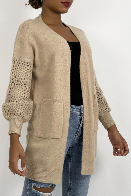 Soft taupe mid-length cardigan with openwork puff sleeves - 4