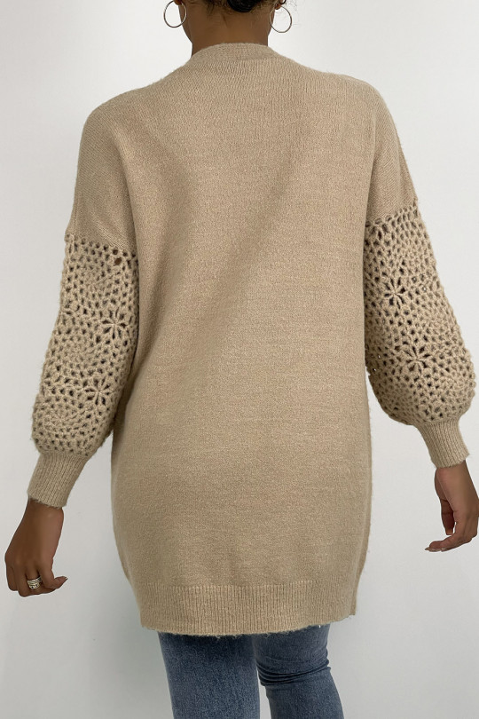 Soft taupe mid-length cardigan with openwork puff sleeves - 5