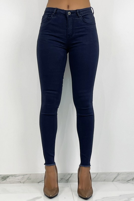 Navy blue slim jeans with ripped details at the bottom - 1