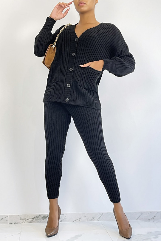Ensemble gilet et pantalon noir en maille acrylique très tendance - 3