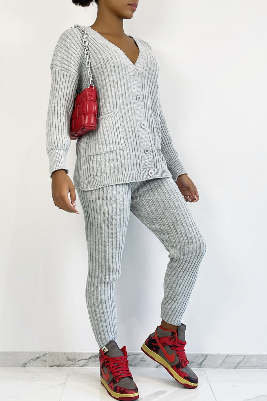 Ensemble gilet et pantalon gris en maille acrylique très tendance - 3
