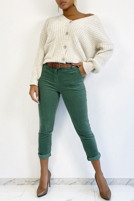 Green velvet pants with pockets and belt - 1
