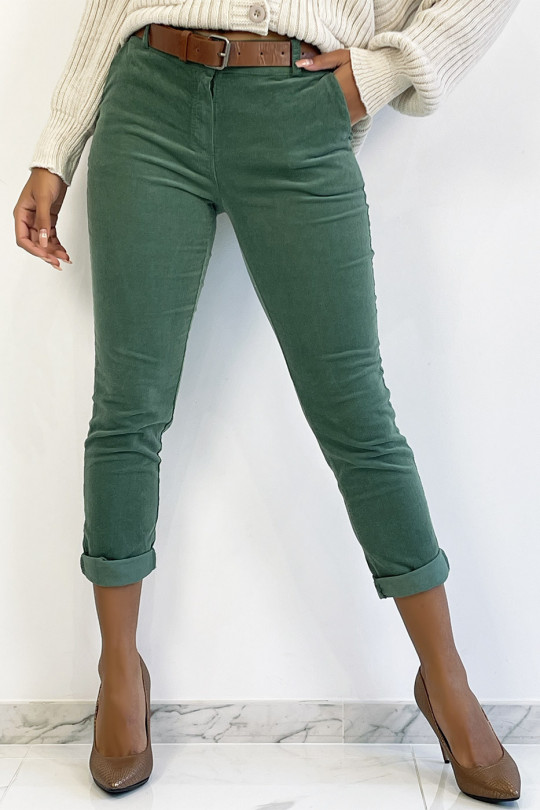 Green velvet pants with pockets and belt - 2