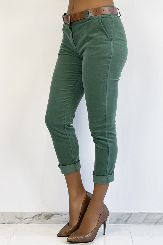 Green velvet pants with pockets and belt - 4