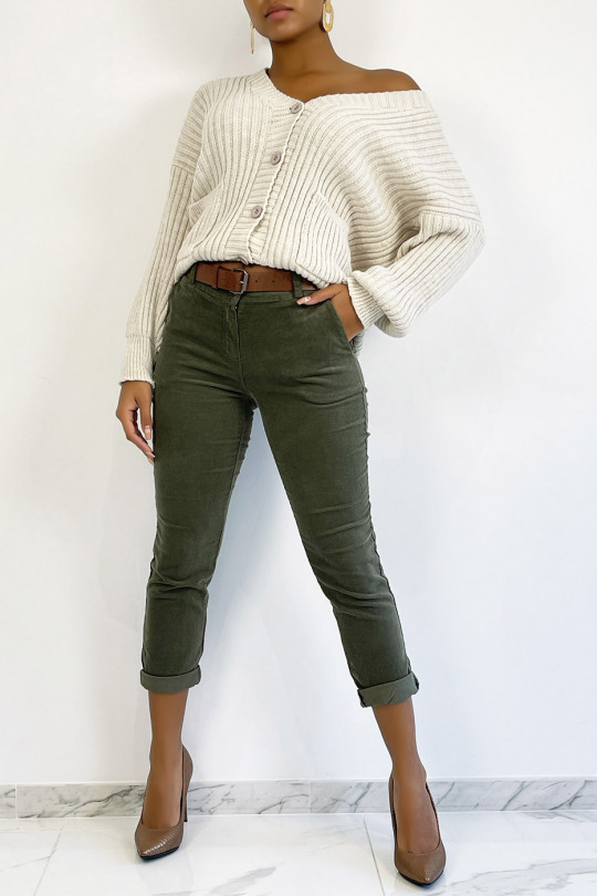Pantalon en velours kaki avec poches et ceinture - 1 Pantalon en velours kaki avec poches et ceinture - 1