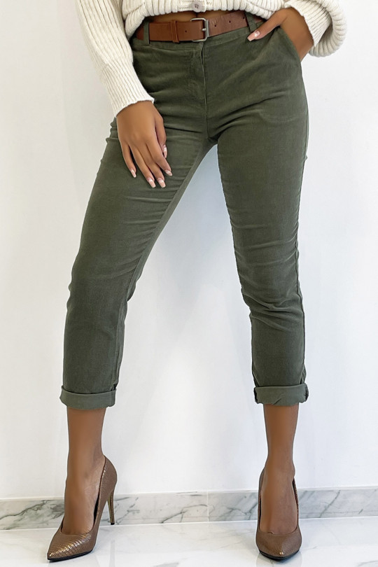 Kaki fluwelen broek met zakken en riem - 2