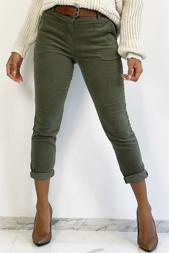 Pantalon en velours kaki avec poches et ceinture - 3 Pantalon en velours kaki avec poches et ceinture - 3