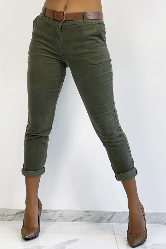 Kaki fluwelen broek met zakken en riem - 5