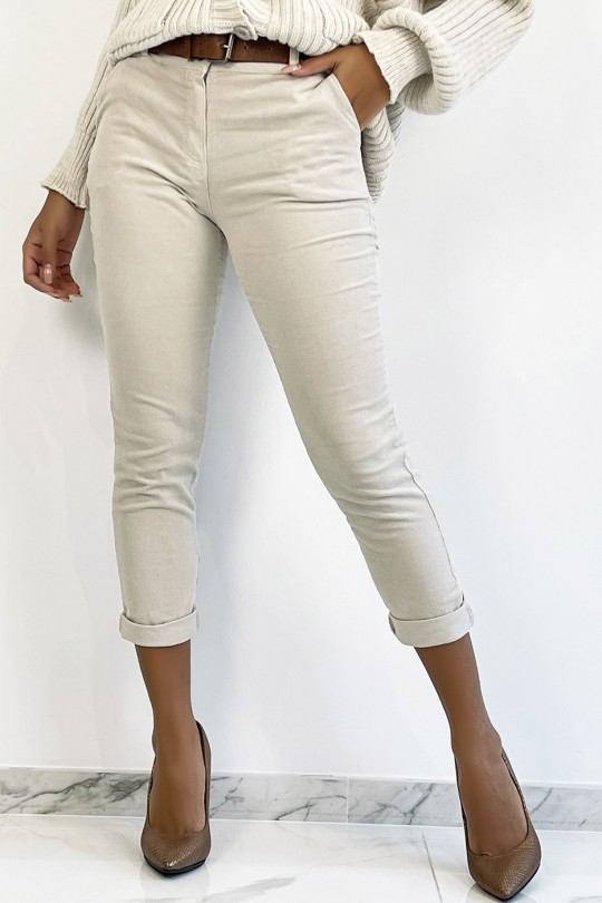 Beige velvet pants with pockets and belt - 1