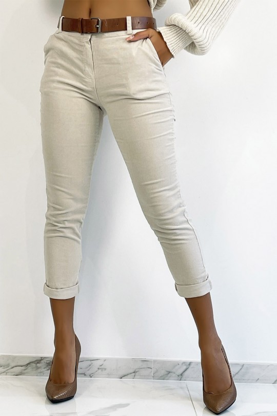 Beige velvet pants with pockets and belt - 3