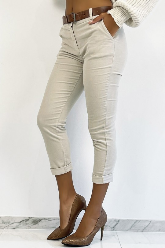 Beige velvet pants with pockets and belt - 4