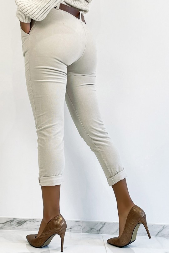 Beige velvet pants with pockets and belt - 5