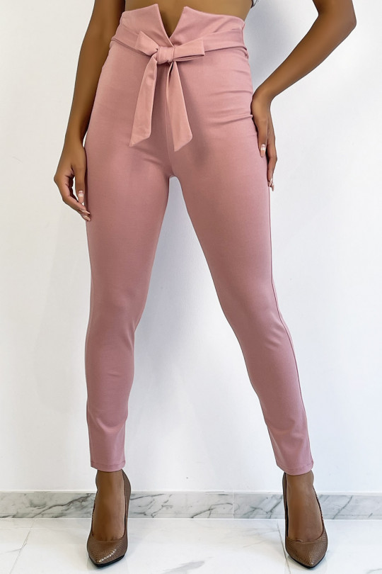 Pink high waist slim pants with belt and V shape - 1
