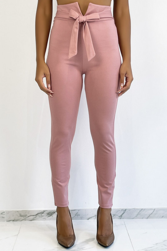 Pink high waist slim pants with belt and V shape - 4