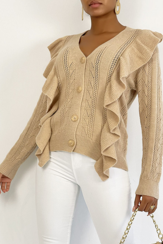Gilet duveteux taupe très chic avec volant - 3