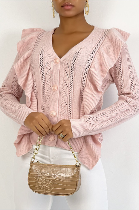 Gilet duveteux rose très chic avec volant - 1