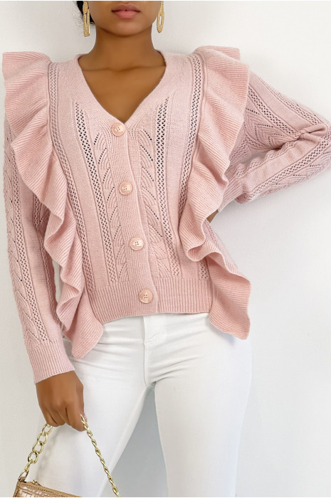 Gilet duveteux rose très chic avec volant - 2